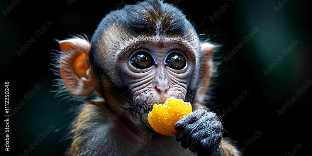 Close up of a little monkey eating an orange fruit on black background Close up of a little monkey eating an orange fruit on black background