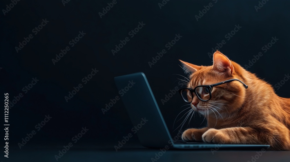 Ginger cat wearing glasses intently looking at a laptop on a dark background depicting a humorous concept of technology and animals Ginger cat wearing glasses intently looking at a laptop on a dark background depicting a humorous concept of technology and animals