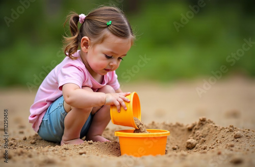 Little girl playing in sand on sandbox, childhood toddler. AI Generative