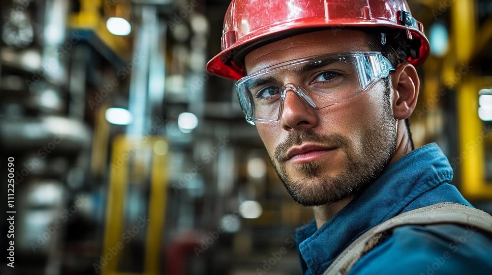 Construction worker in hard hat focuses on safety in industrial setting Construction worker in hard hat focuses on safety in industrial setting