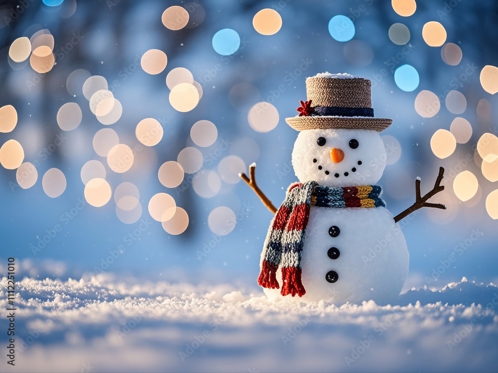 Snowman on the snowy ground wearing a hat and a knitted scarf with a gorgeous and classy bokeh background.