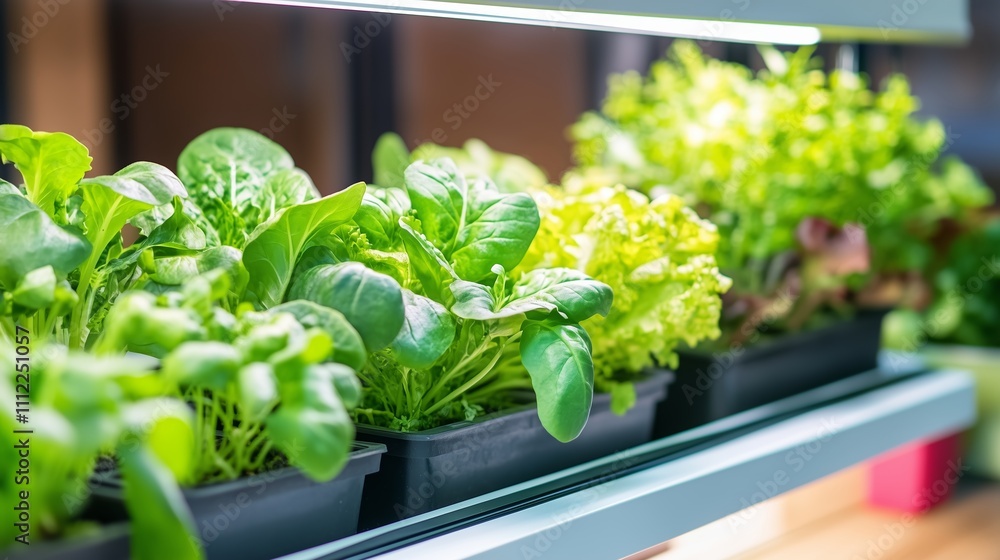 Fresh greens growing in indoor planters under artificial light in a modern hydroponic setup Fresh greens growing in indoor planters under artificial light in a modern hydroponic setup