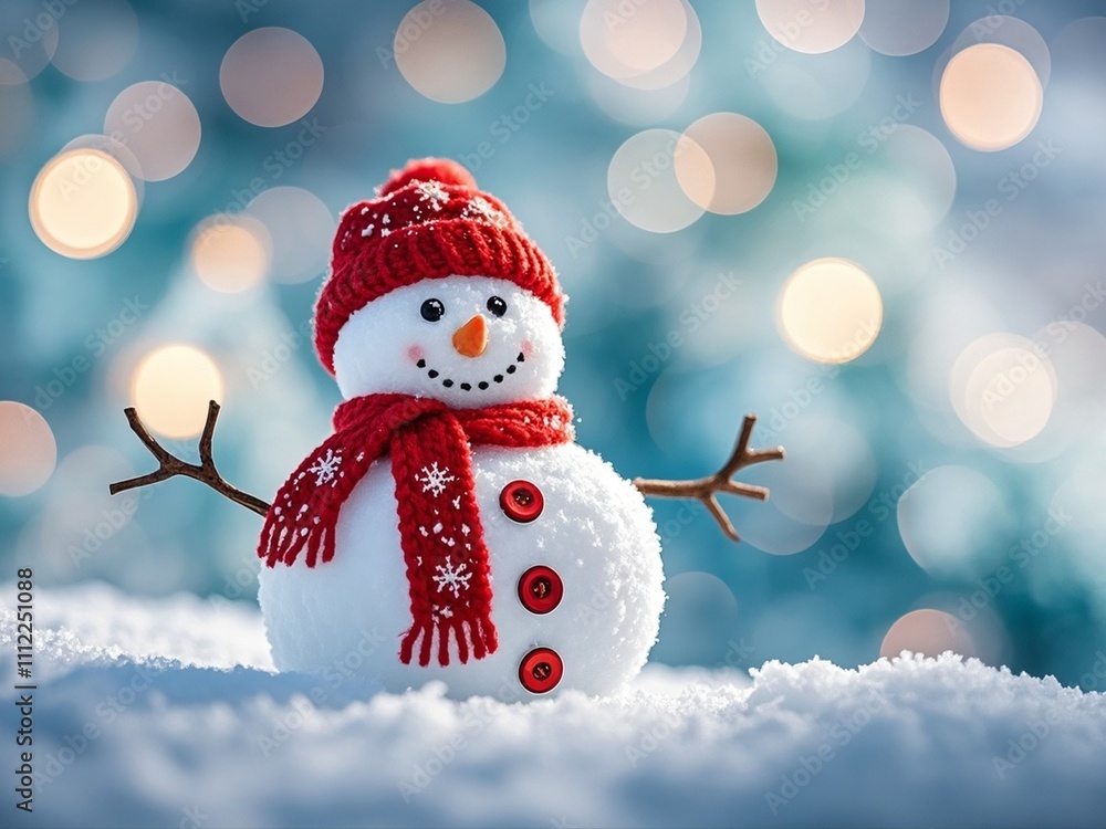 Snowman on the snowy ground wearing a hat and a knitted scarf with a gorgeous and classy bokeh background.