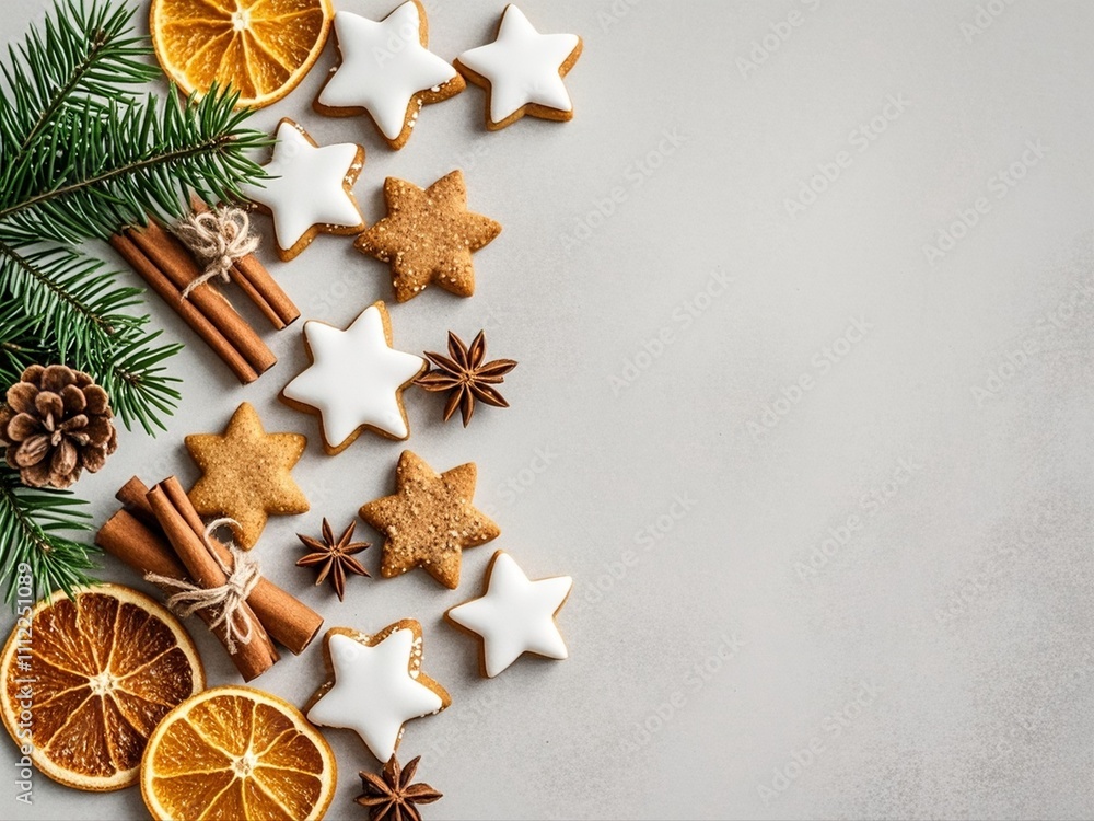 Composition with delicious stars shaped Christmas cookies, spices, orange dried pieces and fir tree branches on light background