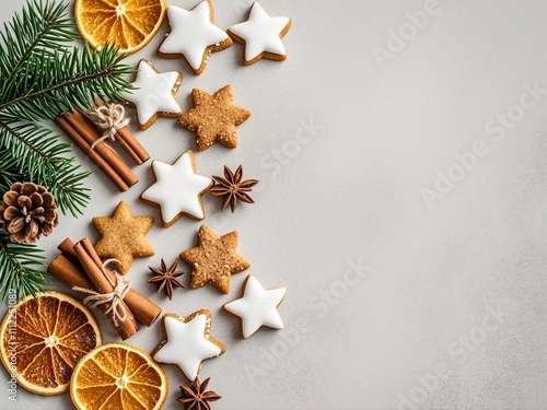 Composition with delicious stars shaped Christmas cookies, spices, orange dried pieces and fir tree branches on light background