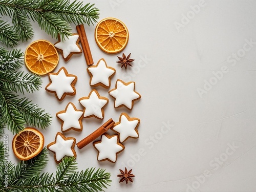 Composition with delicious stars shaped Christmas cookies, spices, orange dried pieces and fir tree branches on light background