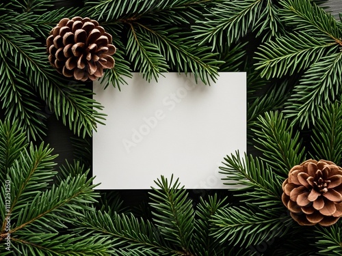 Creative layout made of Christmas tree branches with paper card note. Flat lay. Nature New Year concept.