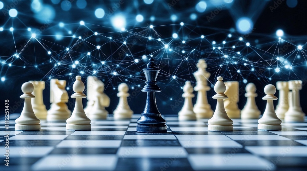 Chess pieces arranged on a board with a digital background showcasing network connections Chess pieces arranged on a board with a digital background showcasing network connections