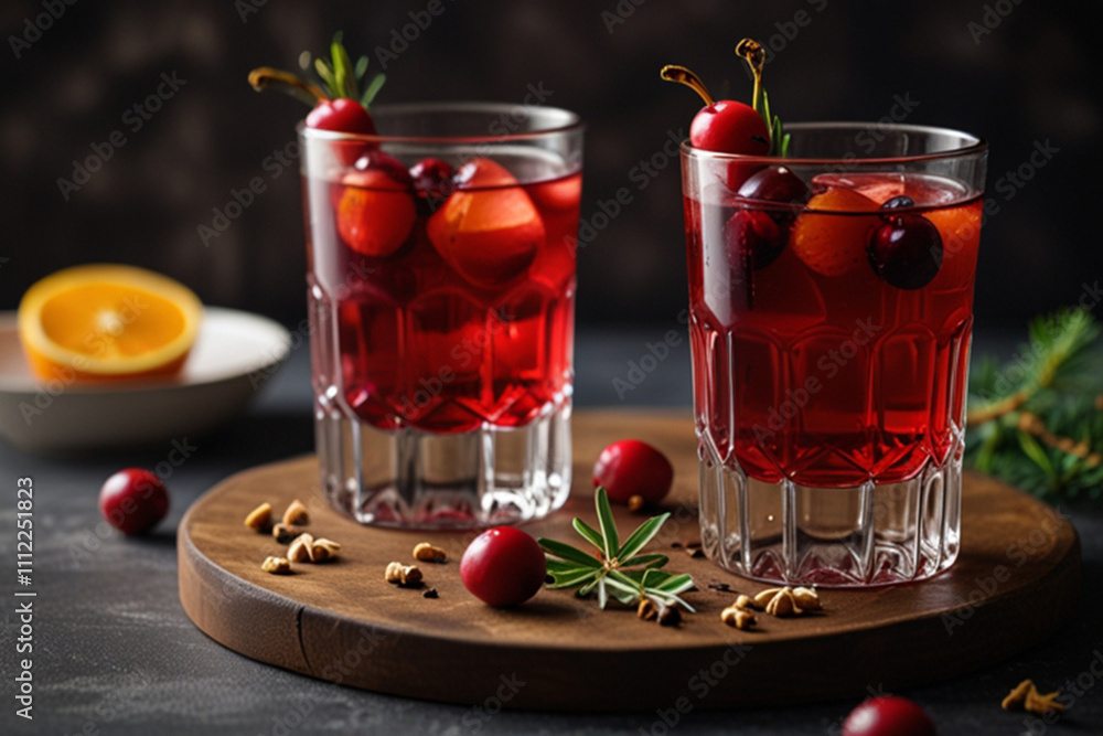 Cranberry punch served in two glasses standing on a table, winter holidays traditional boozy concept Cranberry punch served in two glasses standing on a table, winter holidays traditional boozy concept