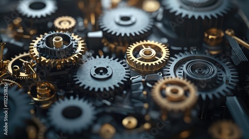 Intricate arrangement of metallic gears on a dark background.