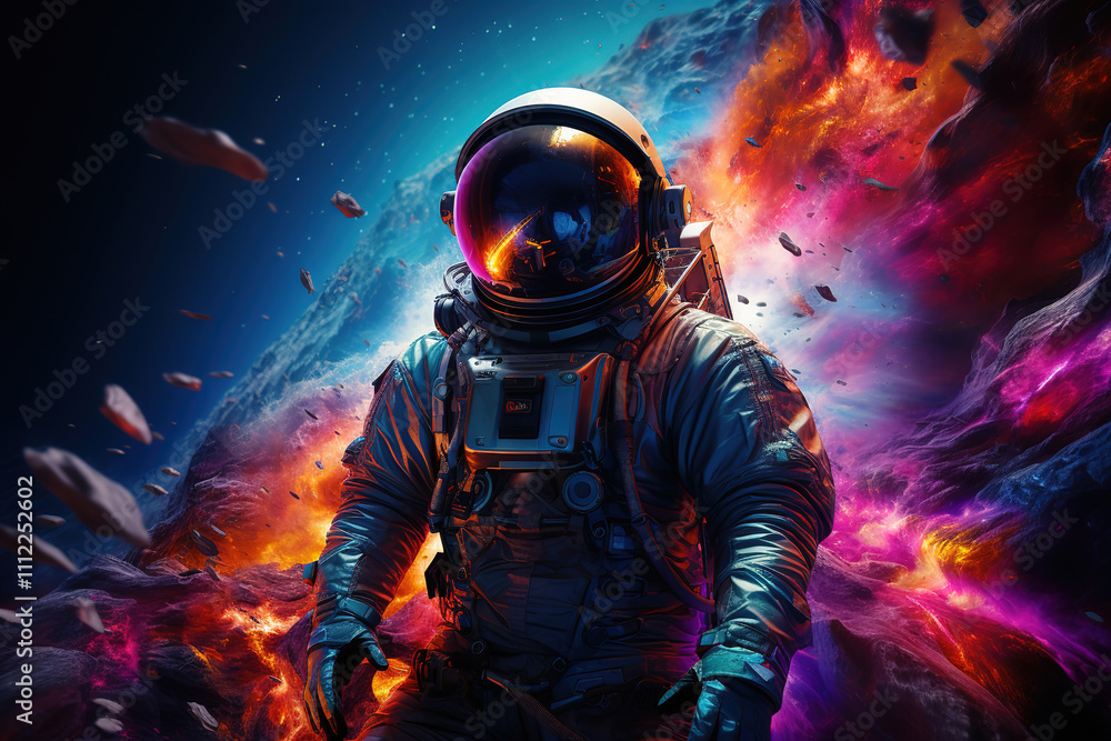 Exceptional astronaut taking space walk, colorful space nebula around Exceptional astronaut taking space walk, colorful space nebula around