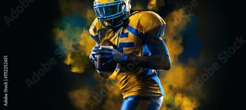 American football player, athlete in helmet with ball on stadium. Sport wallpaper with copyspace. photo