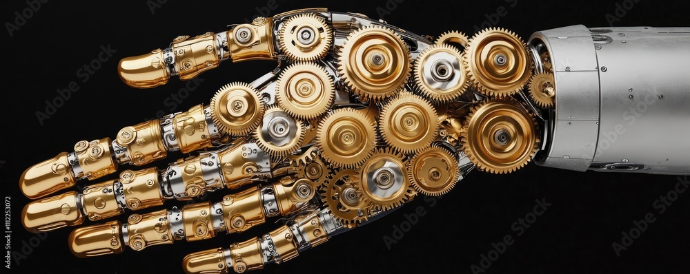 Golden robotic hand with intricate mechanical components, isolated on black background.