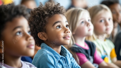 Diverse Group of Children Engaged in Learning, Attentively Listening to Teacher with Focused Expressions in Classroom Setting