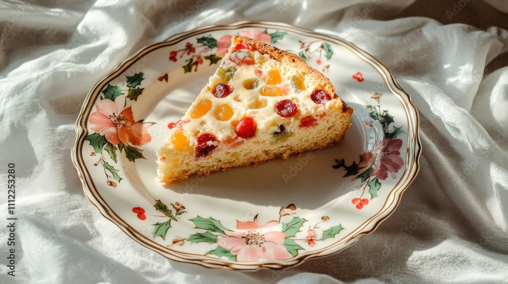 Delicious Slice of Fruit Cake on Decorative Plate Surrounded by Soft Fabric, Perfect for Holiday Celebrations and Festive Culinary Photography Delicious Slice of Fruit Cake on Decorative Plate Surrounded by Soft Fabric, Perfect for Holiday Celebrations and Festive Culinary Photography