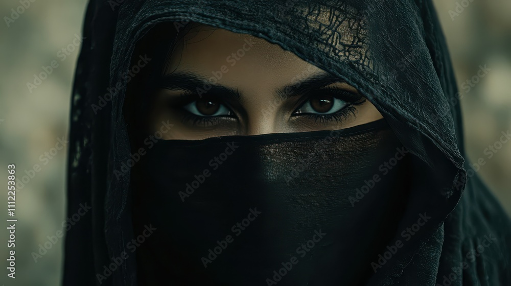 Most alluring mysterious woman with face veiled, showing only captivating eyes. Royalty, queen, princess, sorceress concept. Female in Niqab, Burqa, Hijab, Chador, Ghoonghat Most alluring mysterious woman with face veiled, showing only captivating eyes. Royalty, queen, princess, sorceress concept. Female in Niqab, Burqa, Hijab, Chador, Ghoonghat