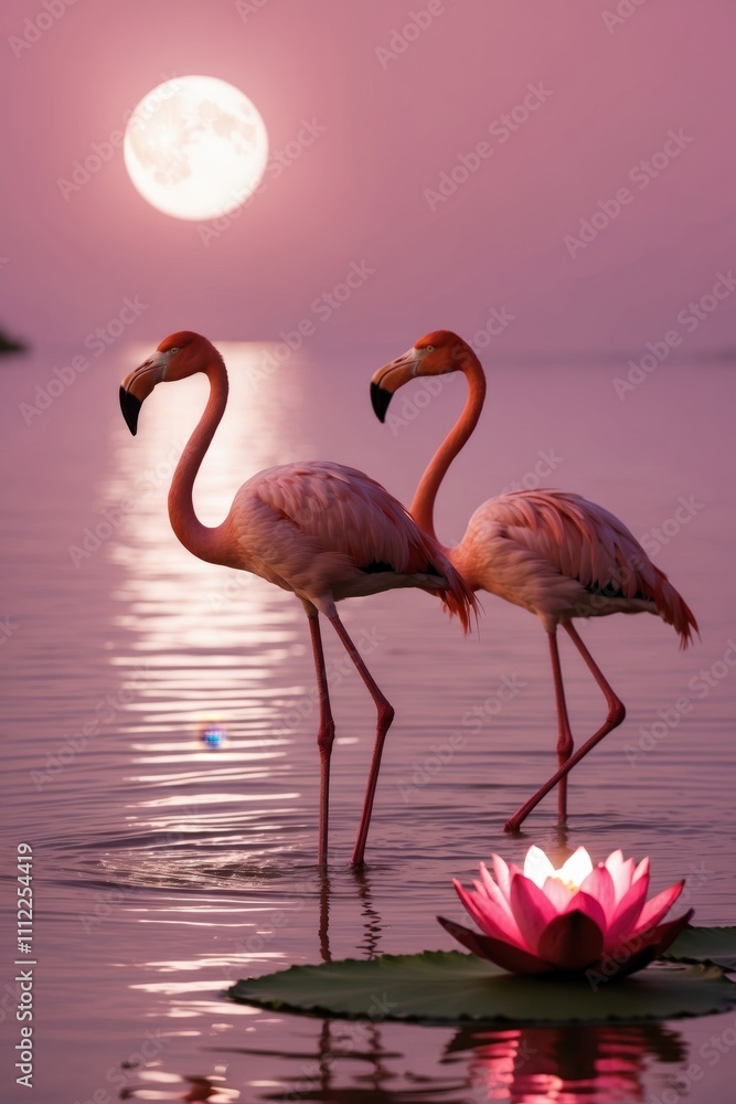 Obraz premium Elegant Pink Flamingos at Lagoon Under Monochromatic Moonlight