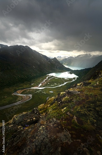 mountain landscape with lake and mountains