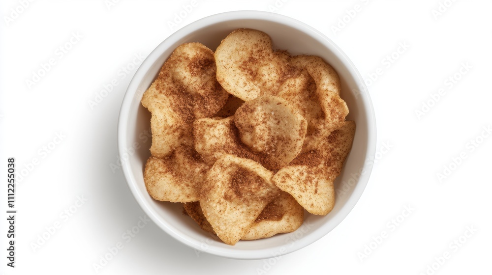 Top-down view of a white bowl filled with golden apple chips dusted with cinnamon, set against a clean white background, showcasing a healthy and delicious snack option Top-down view of a white bowl filled with golden apple chips dusted with cinnamon, set against a clean white background, showcasing a healthy and delicious snack option