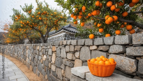 Scenic View of Jeju Island Stone Walls with Tangerine Trees