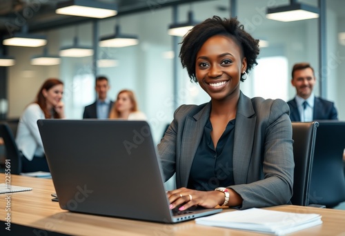 Attractive african young confident businesswoman sitting at the office