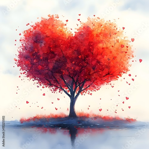 A tree with red leaves and a heart shape in the middle