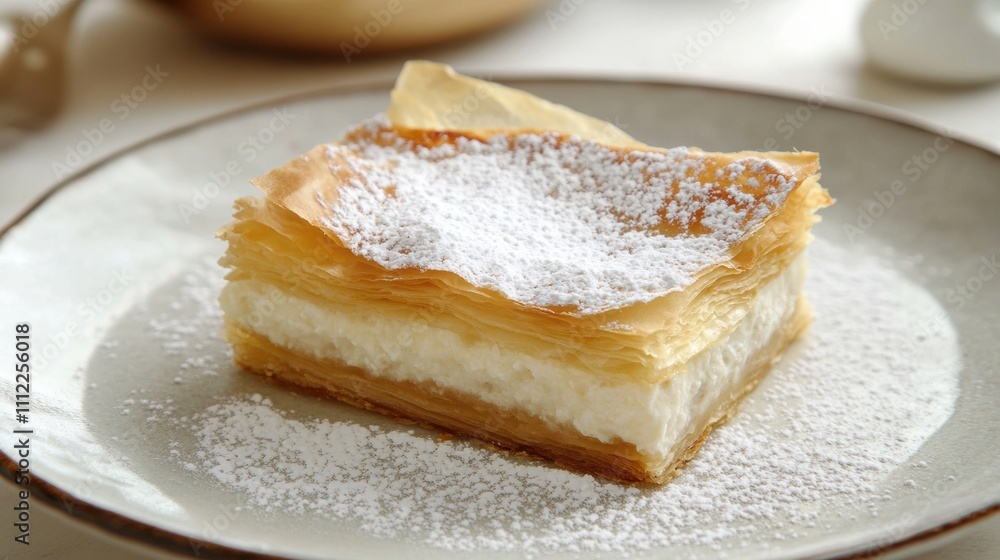 Delicate Layered Pastry Dessert with Cream Filling and Icing Sugar on a Elegant Plate Surrounded by Soft Light and Subtle Kitchen Background
