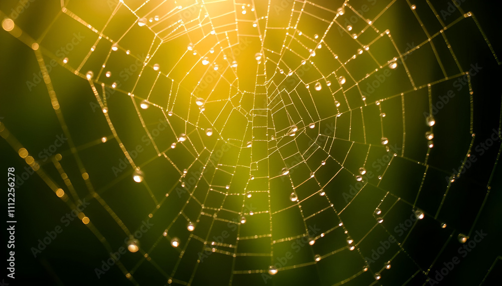 Soft morning light illuminating dewdrops on a spiderweb, with macro focus capturing delicate details of the light refraction. Soft morning light illuminating dewdrops on a spiderweb, with macro focus capturing delicate details of the light refraction.