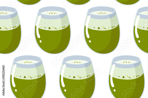 Seamless matcha pattern. Green matcha tea. Matcha latte healthy drink.Various tea products made from matcha. Japanese tea culture. Hand drawn vector colored trendy illustration. 