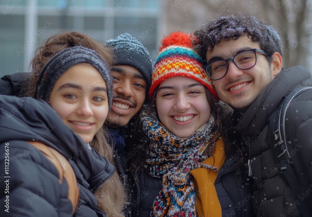 A joyful group of four diverse friends embracing and smiling together outdoors in snowy weather, showcasing warmth, connection, and happiness in a winter wonderland setting. A joyful group of four diverse friends embracing and smiling together outdoors in snowy weather, showcasing warmth, connection, and happiness in a winter wonderland setting.