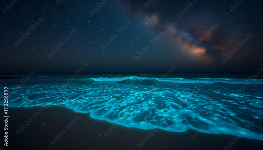 Ethereal glow of bioluminescent waves on a tropical beach at night, with the Milky Way visible above. Ethereal glow of bioluminescent waves on a tropical beach at night, with the Milky Way visible above.