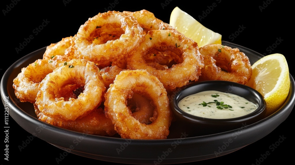 Crispy Fried Calamari Rings with Lemon and Sauce Crispy Fried Calamari Rings with Lemon and Sauce