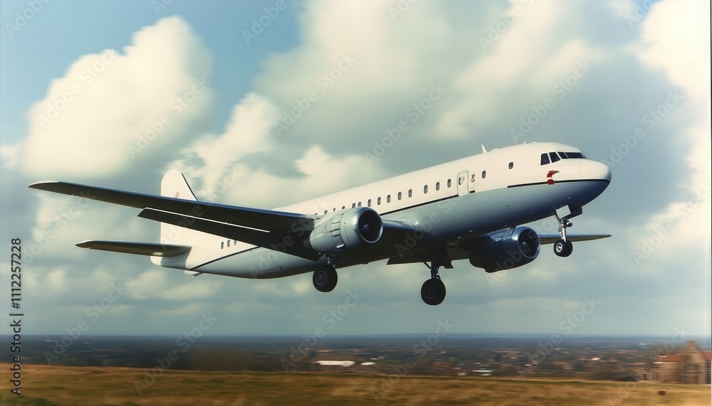 Classic White Passenger Jet Aircraft Soaring Through a Cloudy Sky, Aviation Photography. Classic White Passenger Jet Aircraft Soaring Through a Cloudy Sky, Aviation Photography.