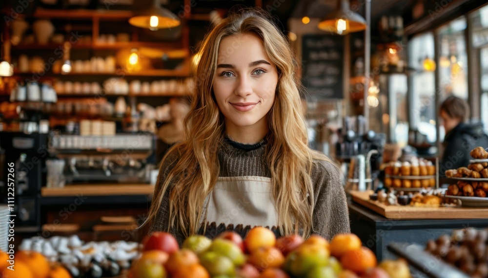 A barista girl behind the counter in a cafe. High quality photo A barista girl behind the counter in a cafe. High quality photo