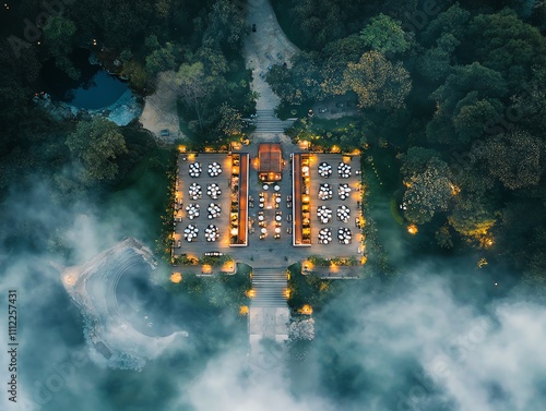 Aerial view of a luxurious outdoor restaurant nestled in a misty forest.  Tables are lit, creating a magical ambiance. Perfect for travel, hospitality, and luxury branding. photo