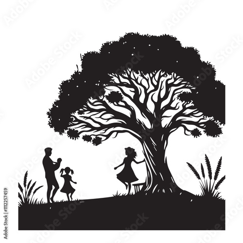 Small family enjoying outdoor vector silhouette. Family enjoying outdoor vector illustration.