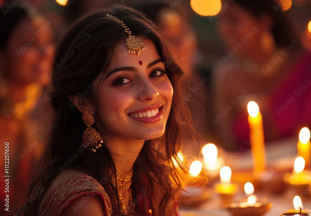 Beautiful young woman celebrating festival of lights with warm smile surrounded by glowing candles and traditional attire, creating an enchanting atmosphere of joy and festivity. Beautiful young woman celebrating festival of lights with warm smile surrounded by glowing candles and traditional attire, creating an enchanting atmosphere of joy and festivity.