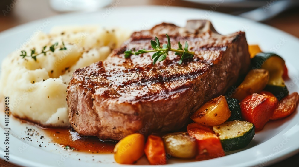 plate of meat with a side of mashed potatoes and vegetables. The meat is cooked and seasoned perfectly, and the vegetables are roasted plate of meat with a side of mashed potatoes and vegetables. The meat is cooked and seasoned perfectly, and the vegetables are roasted