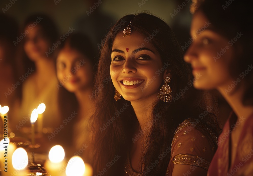 Obraz premium Celebrating Joy and Tradition: A Smiling Young Woman in Traditional Attire Surrounded by Friends During a Festival with Soft Candlelight Glow in the Background