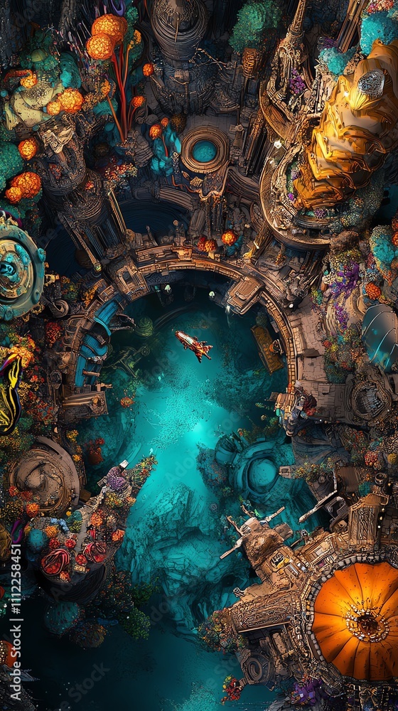 Fototapeta premium Surreal underwater cityscape with bioluminescent flora, intricate architecture, and a spaceship exploring the depths. Vibrant colors and fantastical design.