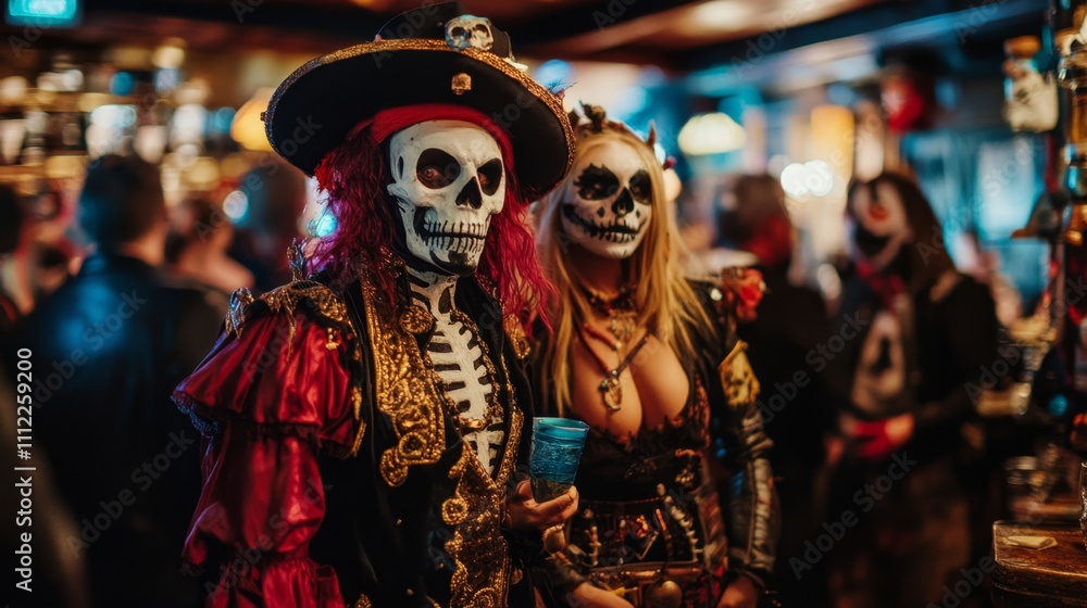 Skull Pirate Costumes at a Halloween Party Skull Pirate Costumes at a Halloween Party