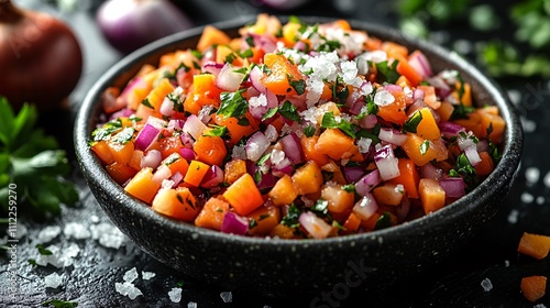 A colorful mix of chopped carrots, red onion, and green leaves on the left side, with salt sprinkled over them on a dark background. Macro photography, food photo. photo