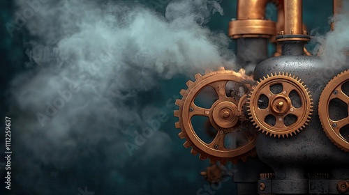 Industrial gears and steam with a dark, moody background. photo