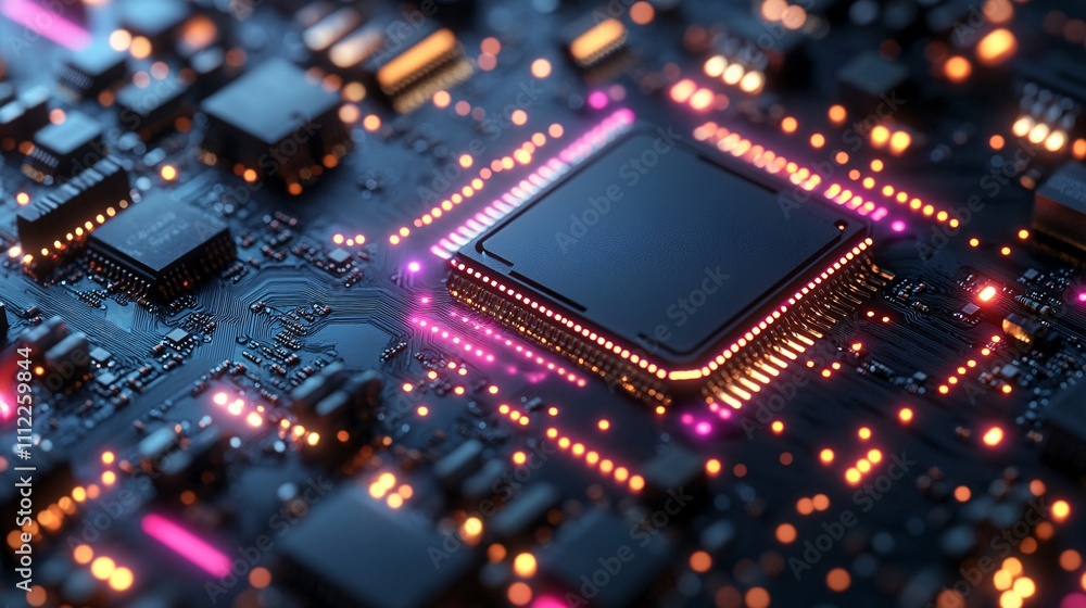 Futuristic microchip processor with lights on the blue background. Quantum computer large data processing database concept. CPU isometric banner. Central Computer Processors CPU concept Digital chip Futuristic microchip processor with lights on the blue background. Quantum computer large data processing database concept. CPU isometric banner. Central Computer Processors CPU concept Digital chip