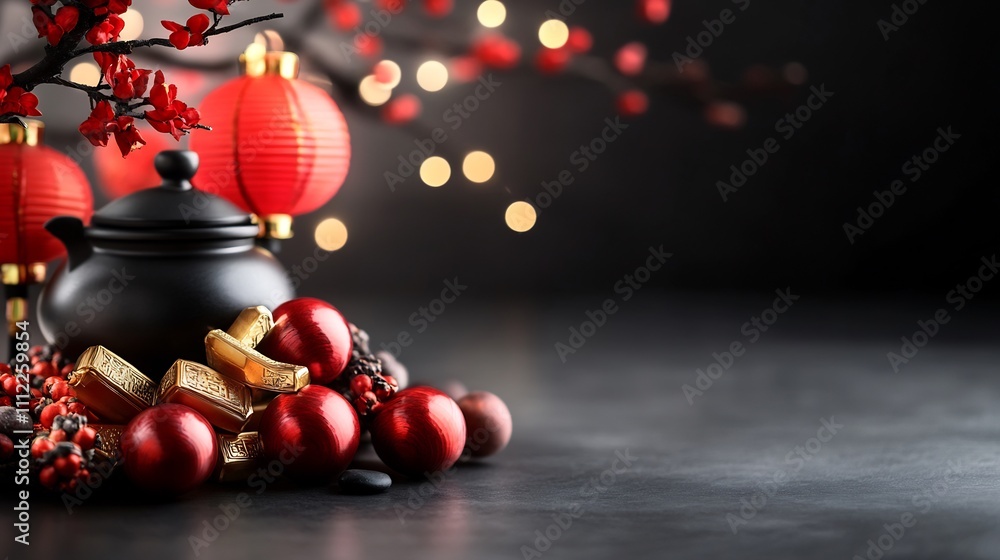 Naklejka premium Black teapot, red ornaments, and lanterns on dark background.