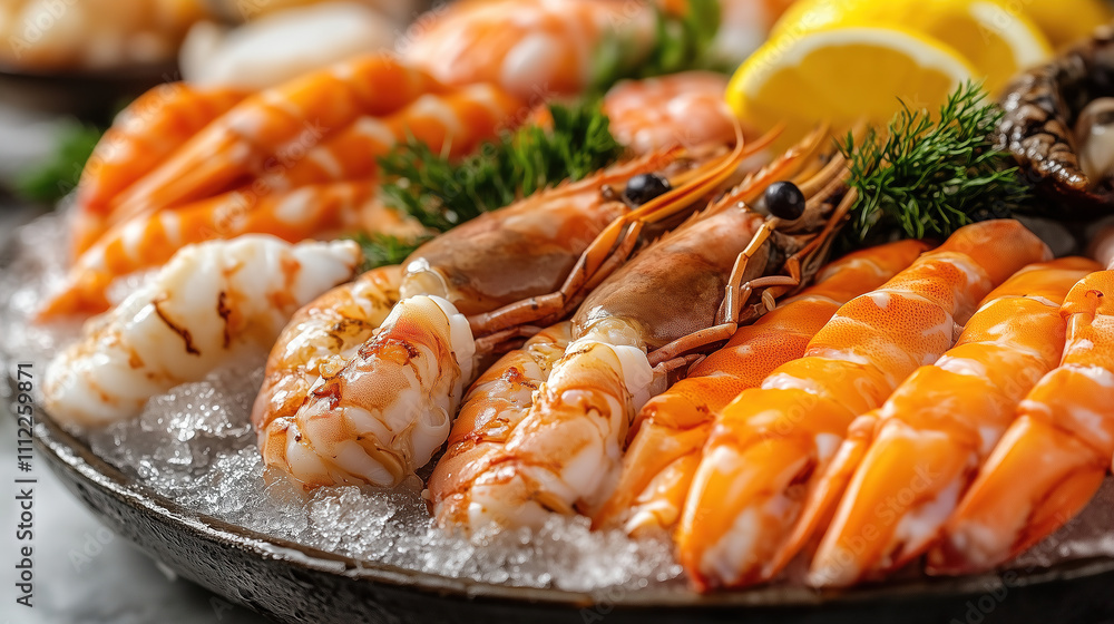 Exquisite seafood platter featuring fresh shrimp, lobster, and lemon garnishes on a bed of ice at a dining event. Generative AI Exquisite seafood platter featuring fresh shrimp, lobster, and lemon garnishes on a bed of ice at a dining event. Generative AI