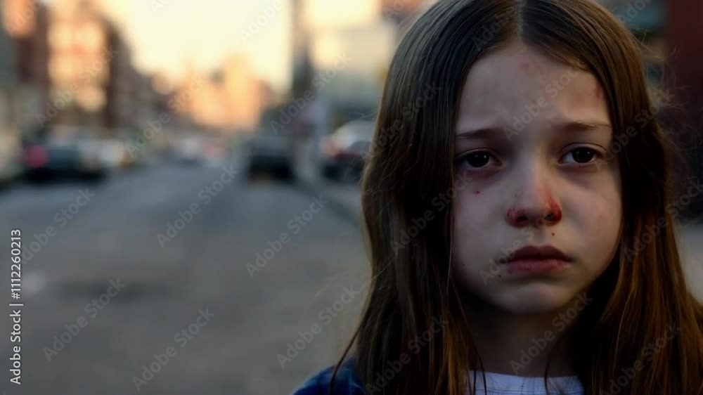 Homeless girl child frightened and along on the streets of a big city Homeless girl child frightened and along on the streets of a big city