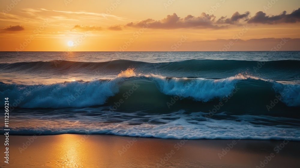 Obraz premium A serene sunset over the ocean with gentle waves rolling onto the shore, creating a tranquil and picturesque atmosphere perfect for beach lovers