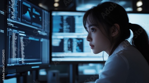 Woman Working on Computer Screens