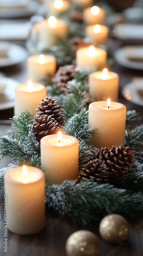Close-up of Christmas table with candles Close-up of Christmas table with candles